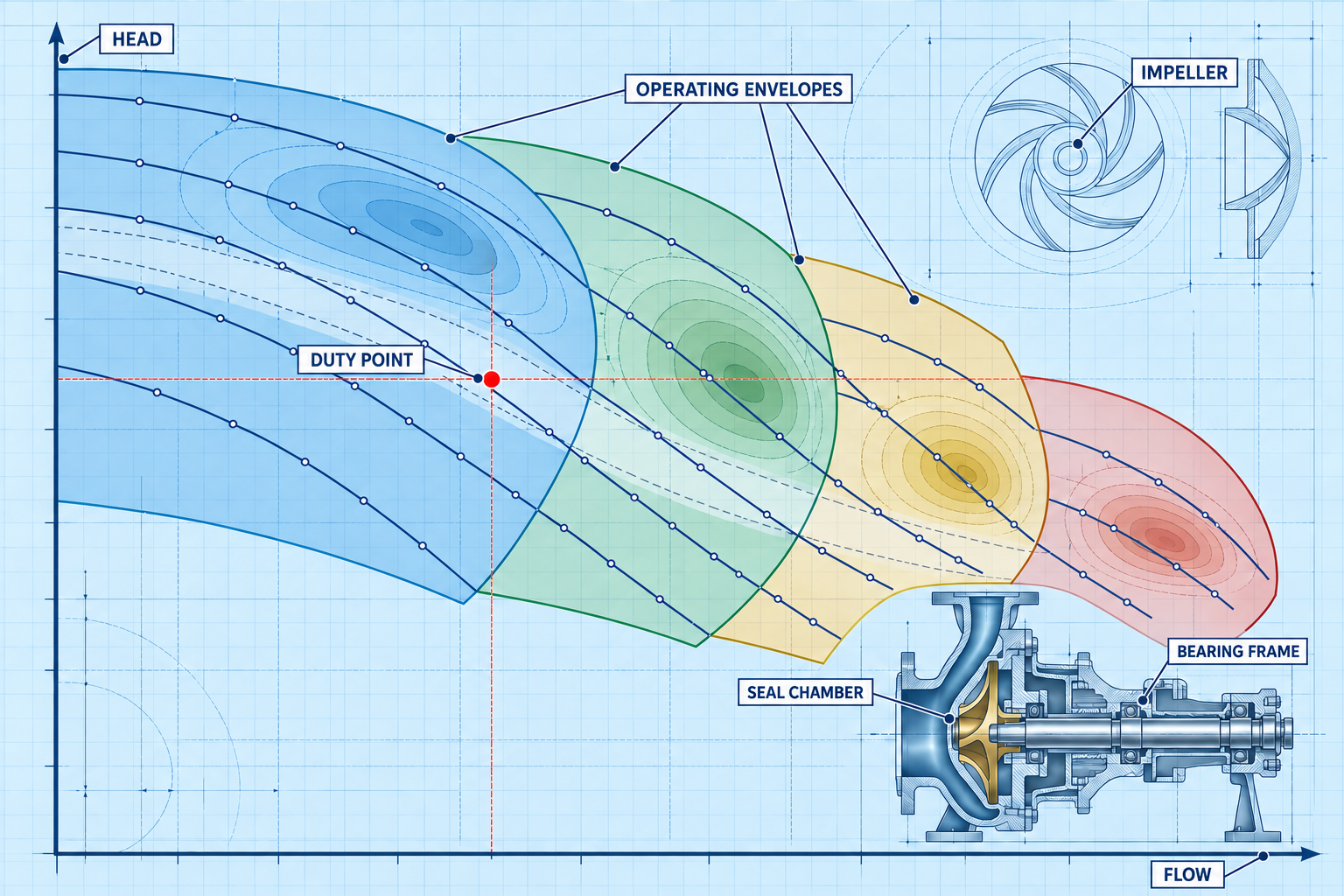 Conceptual API 610 OH2 hydraulic selection map showing performance curve families, operating envelopes, efficiency-style islands, a duty-point marker and pump sectional details