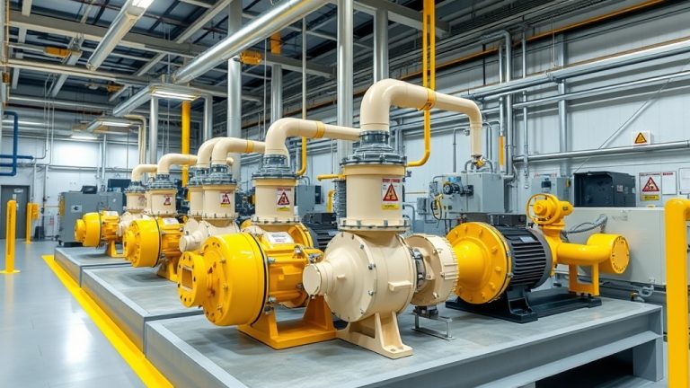 Bombas centrífugas industriales y tuberías en una planta de proceso
