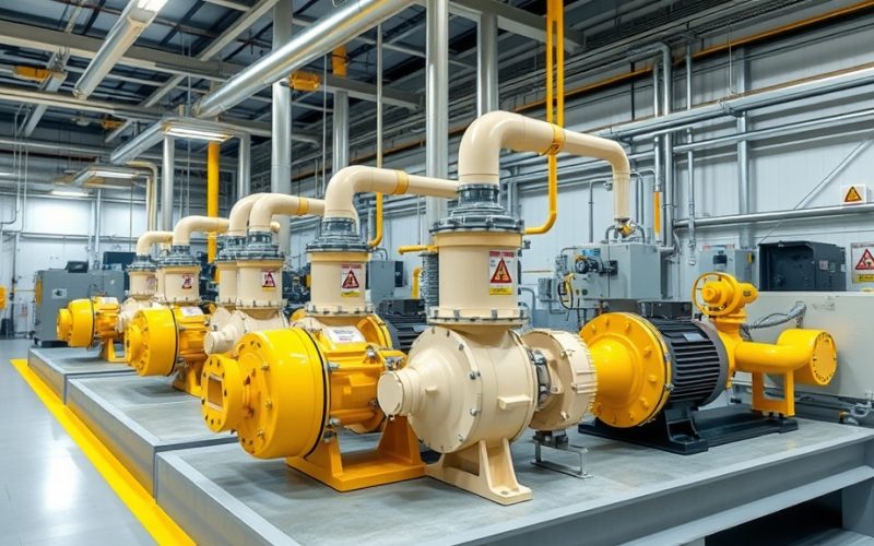 Bombas centrífugas industriales y tuberías en una planta de proceso