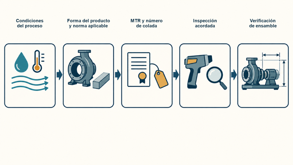 Flujo orientativo de validación de una pieza de bomba: condiciones del proceso, forma y norma, MTR y colada, inspección acordada y verificación del ensamble.