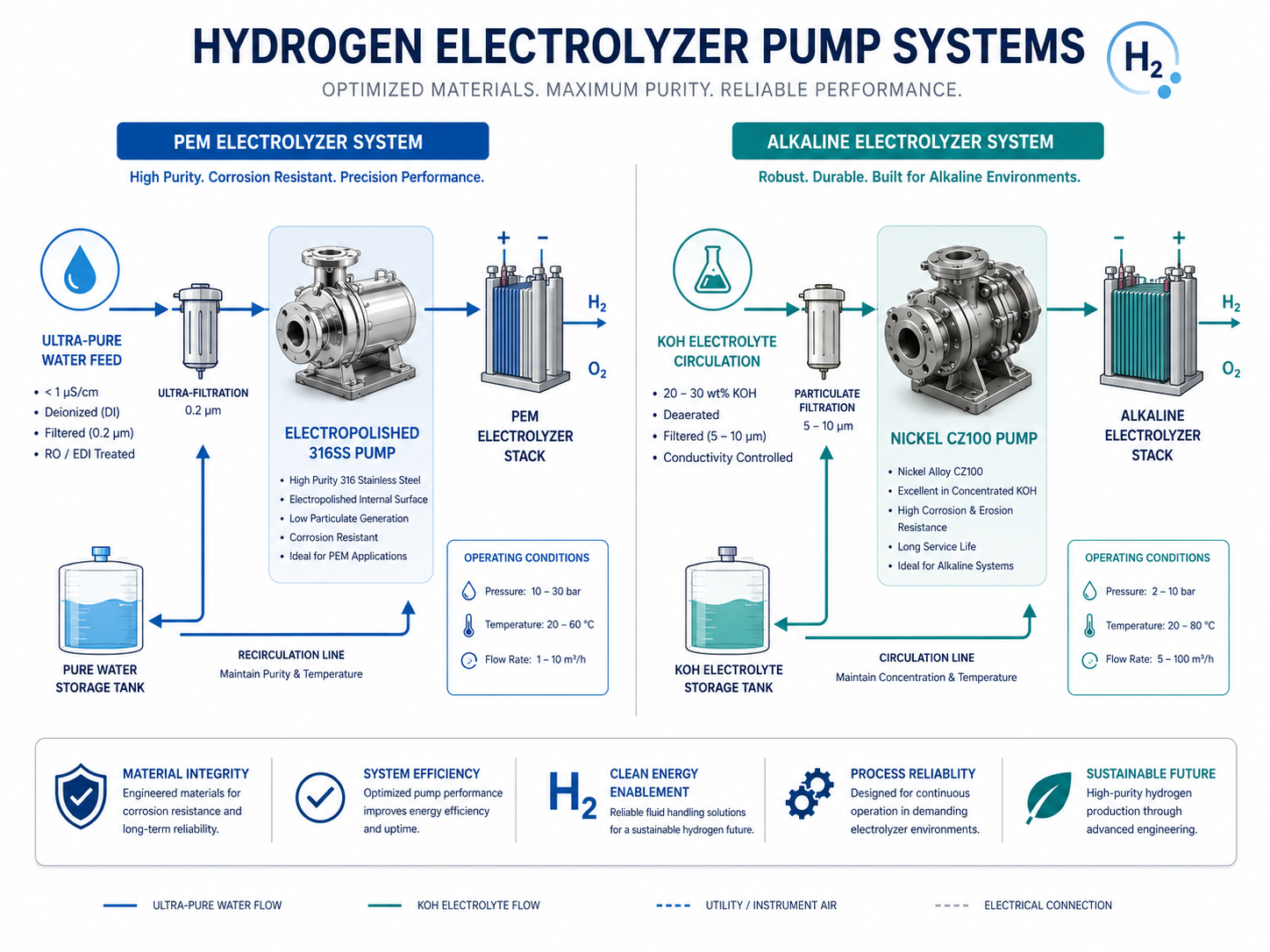 PEM vs Alkaline electrolyzer pump material selection Titanium Nickel 316SS green hydrogen production