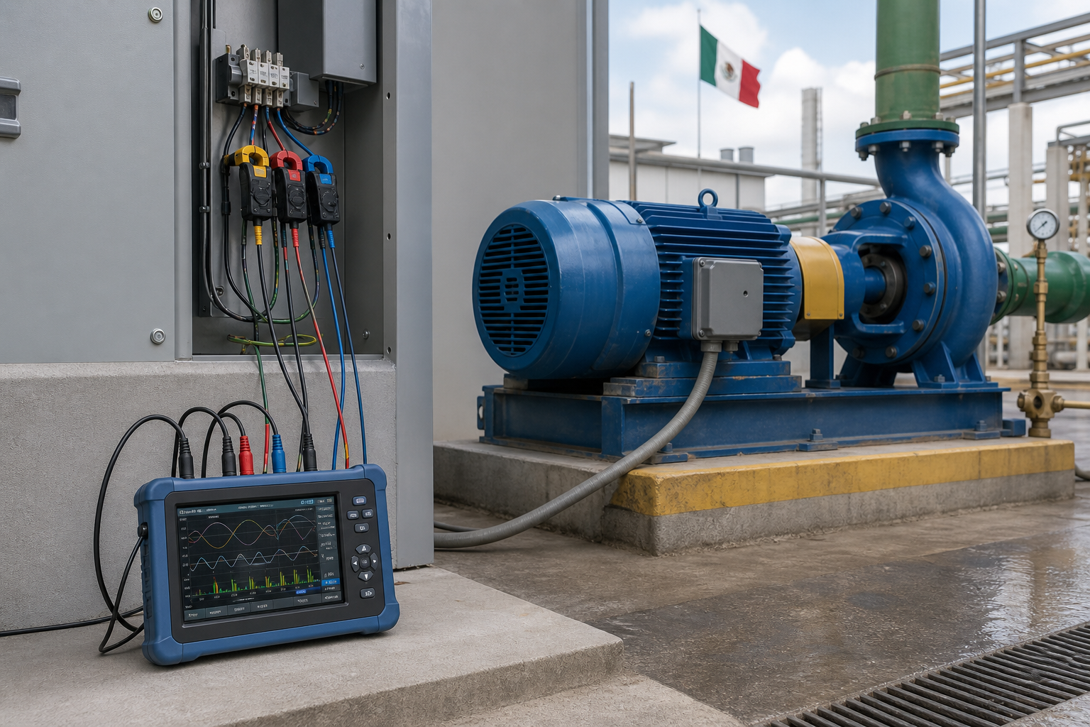 Analizador de potencia trifásica conectado al motor de una bomba ANSI