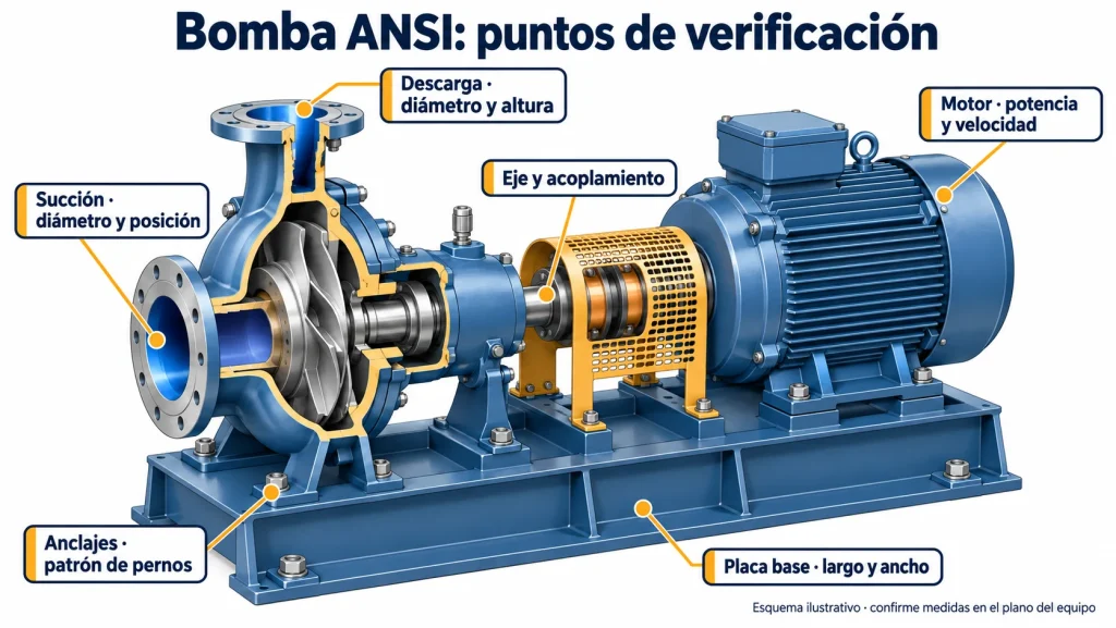 Bomba ANSI con anotaciones para revisar succión, descarga, eje, motor, anclajes y placa base.