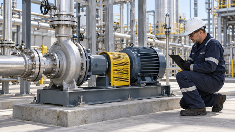 Inspección previa al arranque de una bomba centrífuga ANSI en una instalación industrial.