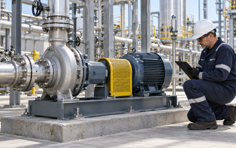 Inspección previa al arranque de una bomba centrífuga ANSI en una instalación industrial.