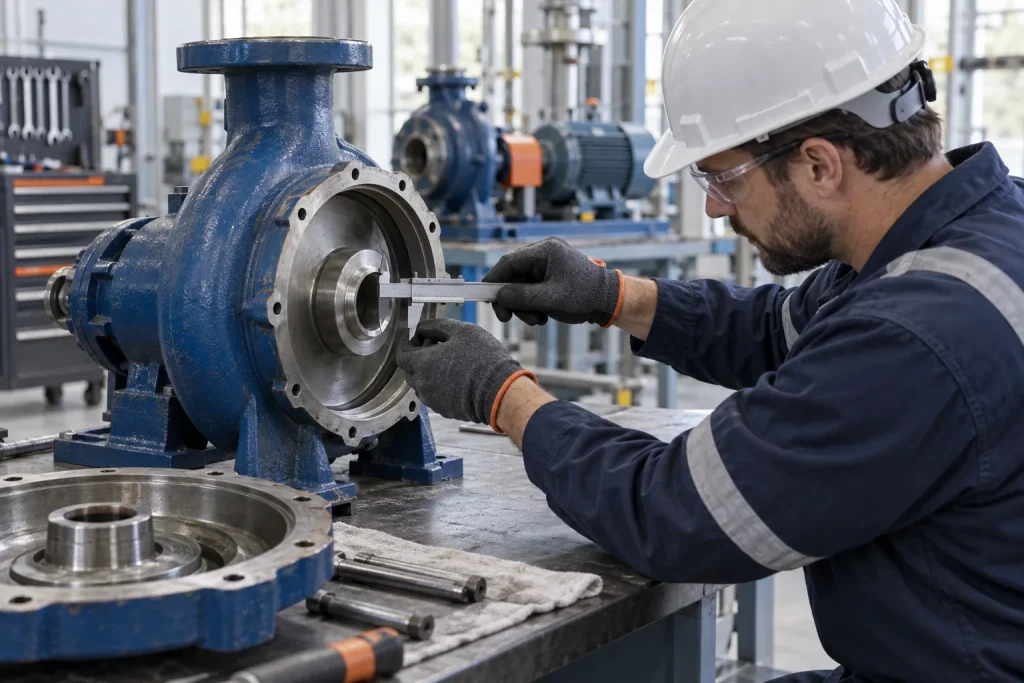 Técnico inspecciona con calibrador la interfaz mecanizada de una bomba de proceso.