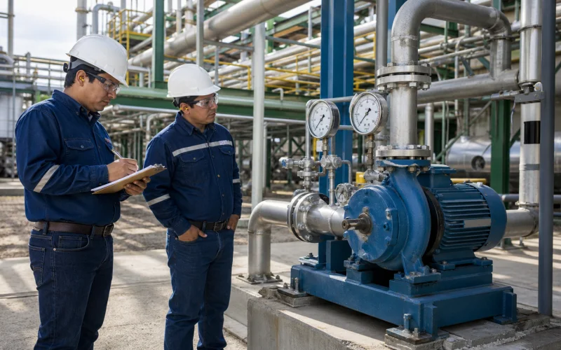 Ingenieros evaluando el desempeño de un sistema de bombeo industrial.