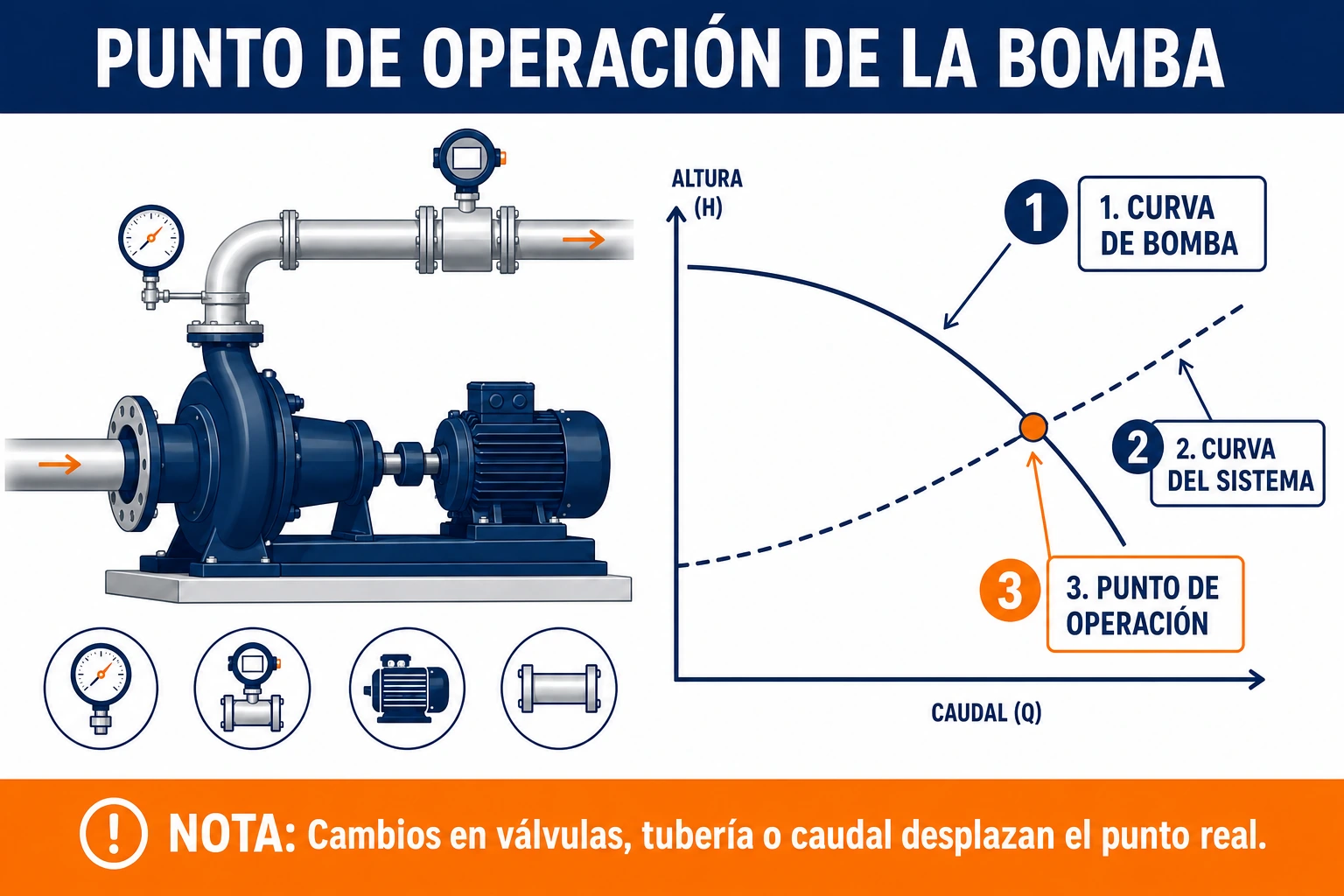 Punto de operación de la bomba: curva de bomba, curva del sistema y punto real de operación.