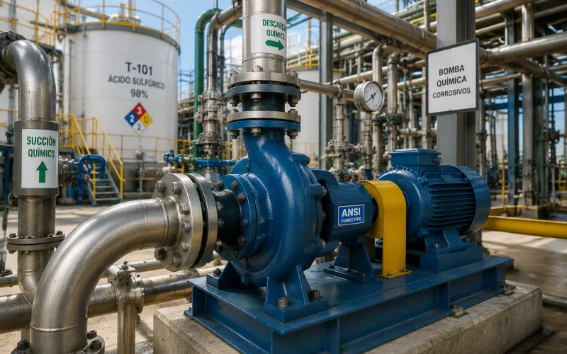 Bomba centrífuga para químicos corrosivos en planta industrial de México