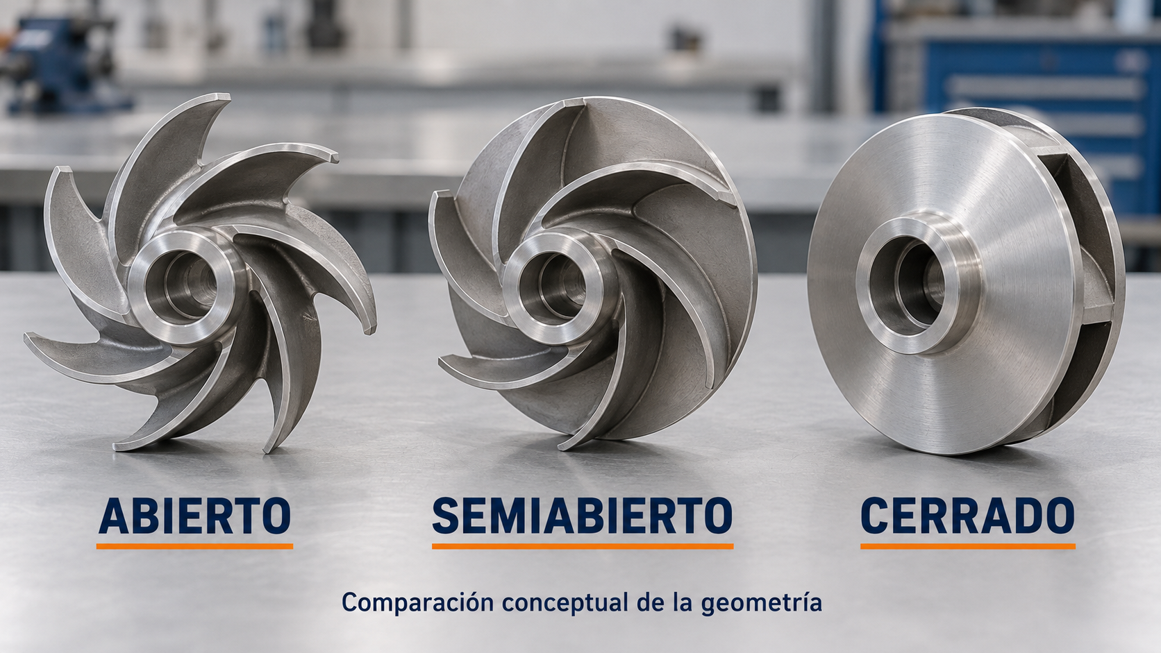 Comparación conceptual de tres impulsores centrífugos: abierto, semiabierto y cerrado