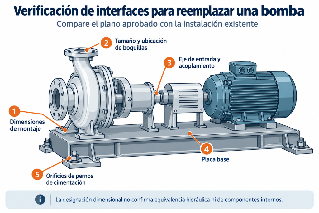 Esquema de verificación de montaje, boquillas, eje, placa base y pernos de cimentación para reemplazo de bomba horizontal.