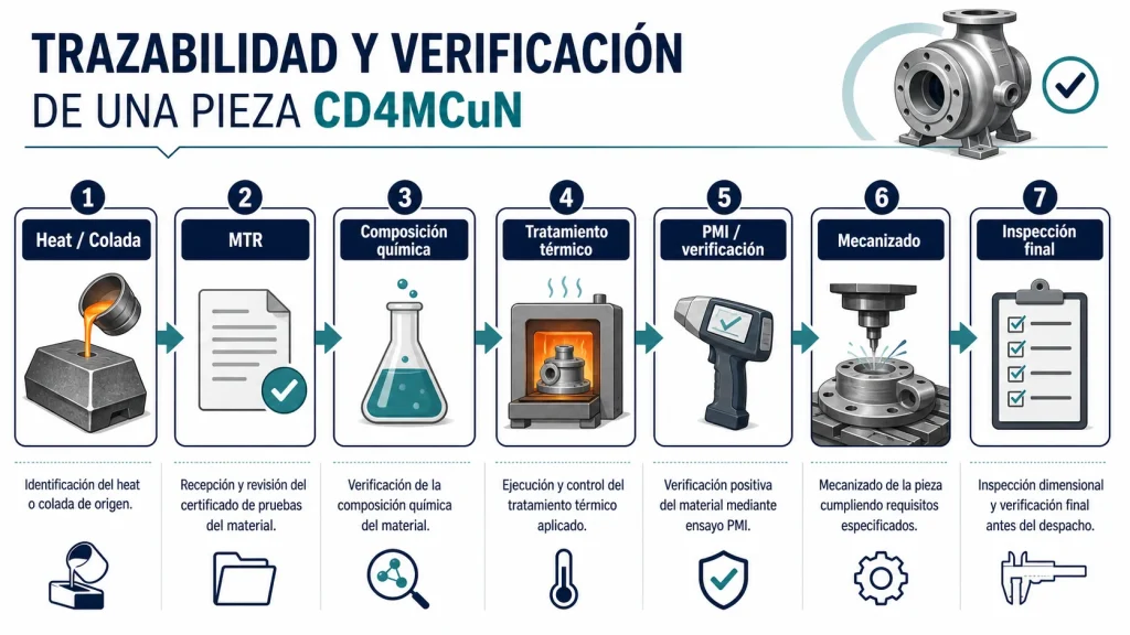 Trazabilidad de una pieza CD4MCuN: colada, MTR, tratamiento térmico y verificaciones acordadas