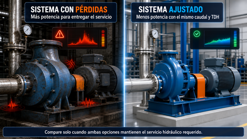 Comparación conceptual de un sistema con pérdidas y uno ajustado, manteniendo el mismo caudal y TDH.