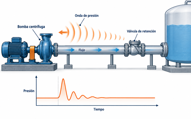 Esquema conceptual de una bomba centrífuga, tubería, válvula check y propagación de una onda de presión transitoria