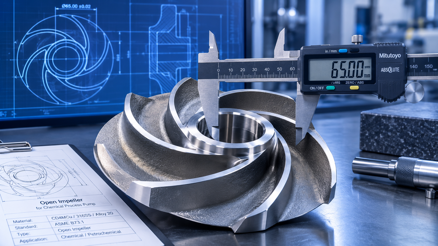 Inspección dimensional de un impulsor para bomba ANSI con calibrador digital y plano de ingeniería