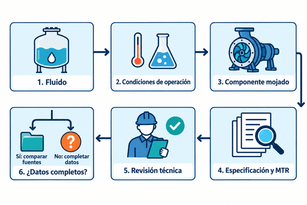 Diagrama rotulado de verificación de materiales: fluido, condiciones de operación, componente mojado, especificación y MTR, revisión técnica y decisión según si los datos están completos.