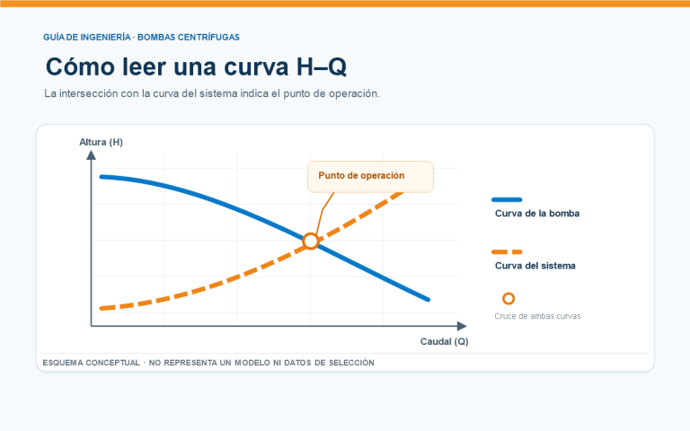Esquema conceptual de una curva H-Q de bomba centrífuga y curva del sistema; su cruce indica el punto de operación. Sin datos para selección.