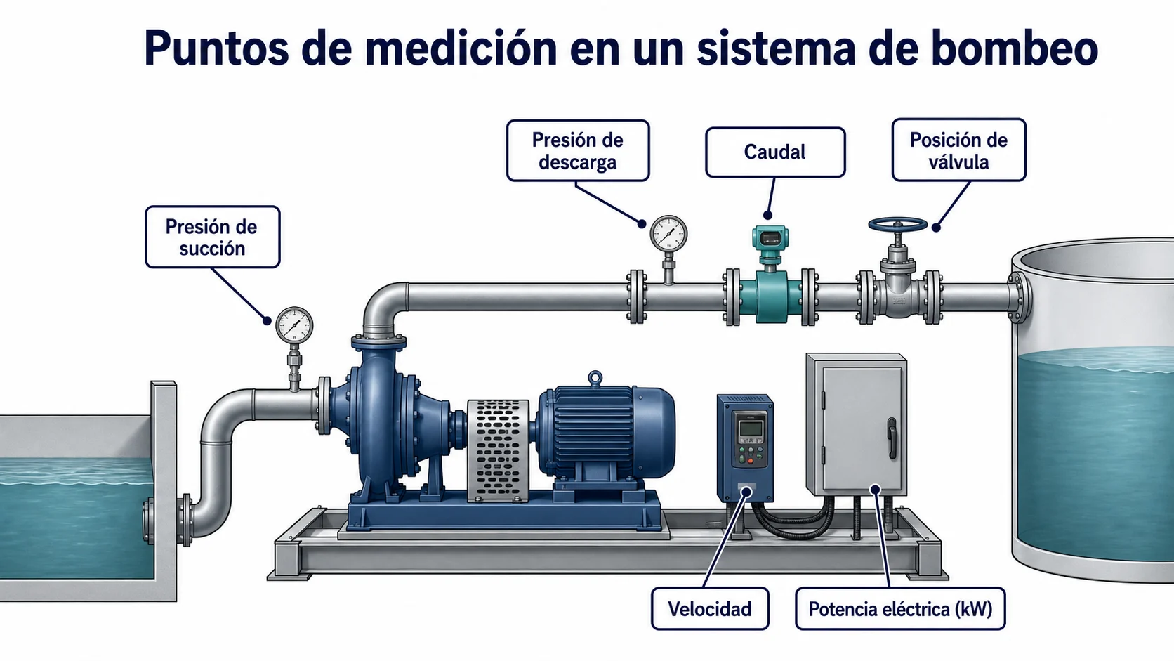 Puntos de medición en un sistema de bombeo industrial