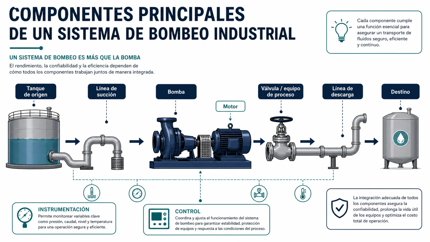 Componentes principales de un sistema de bombeo industrial