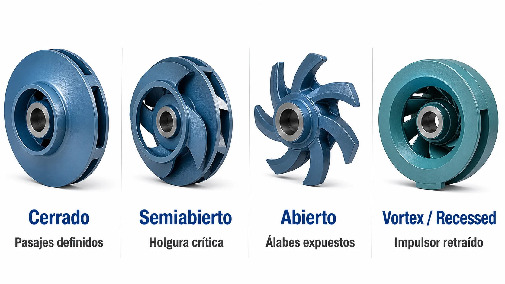 Comparación de impulsores centrífugos cerrado, semiabierto, abierto y vortex