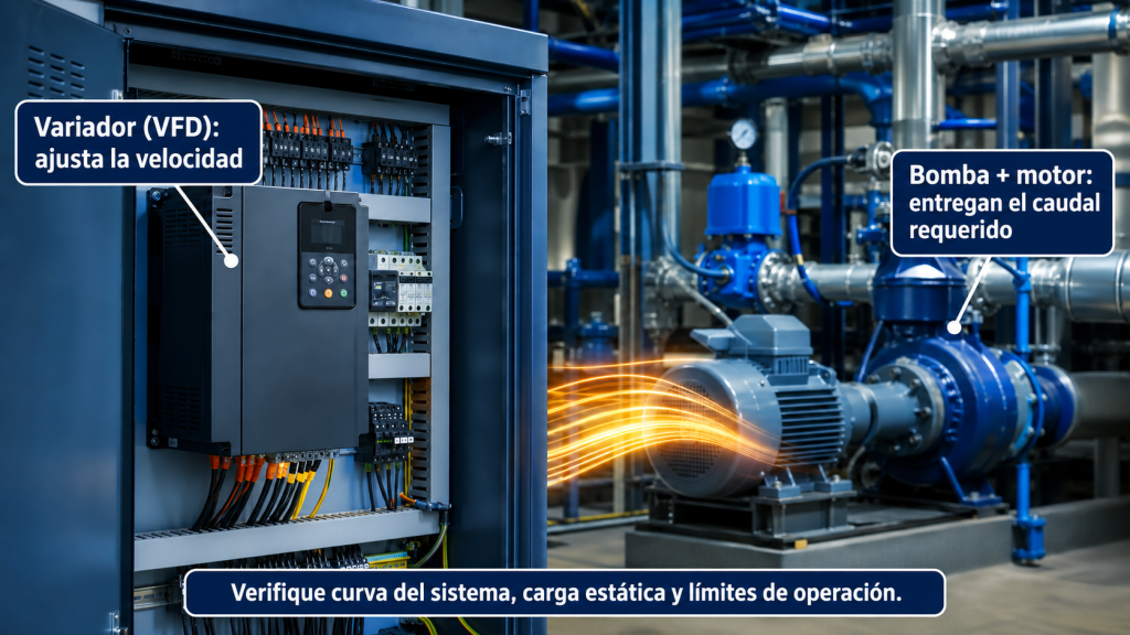 Variador de frecuencia que ajusta la velocidad de la bomba; revise la curva del sistema, carga estática y límites.