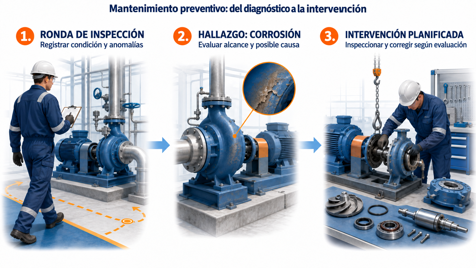 Mantenimiento preventivo de una bomba centrífuga en tres pasos: ronda de inspección, evaluación de corrosión e intervención planificada