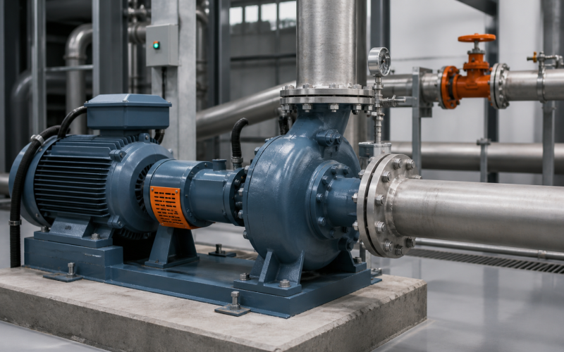 Bomba centrífuga industrial con línea de bypass en una instalación de proceso