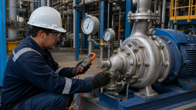 Técnico revisando presión y consumo en una bomba centrífuga industrial