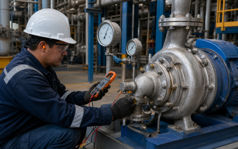 Técnico revisando presión y consumo en una bomba centrífuga industrial