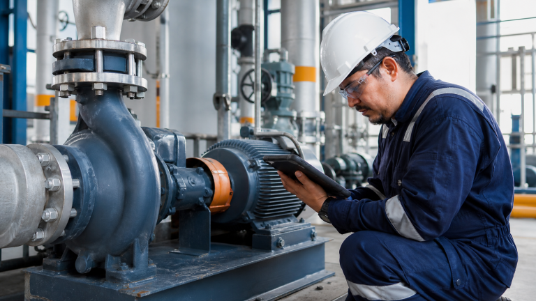 Ingeniero revisando la confiabilidad de una bomba centrífuga industrial
