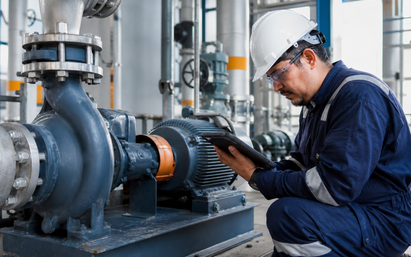 Ingeniero revisando la confiabilidad de una bomba centrífuga industrial
