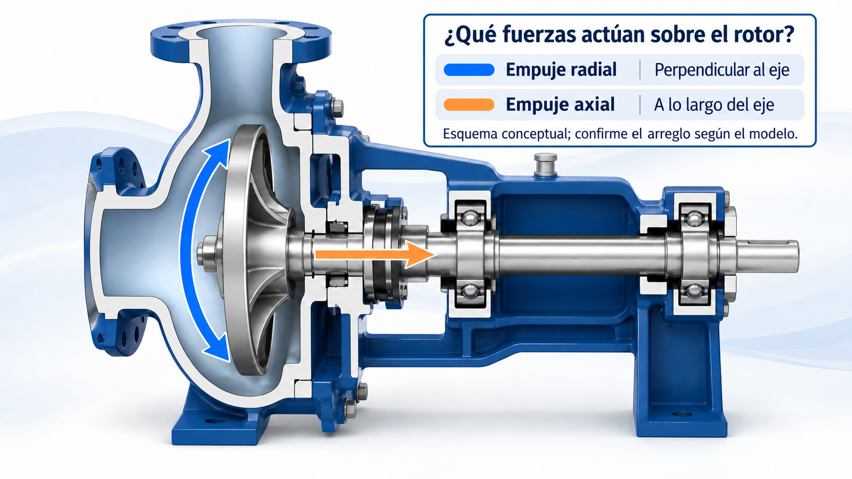 Corte de una bomba centrífuga con leyenda y flechas que distinguen el empuje radial, perpendicular al eje, del empuje axial, a lo largo del eje.