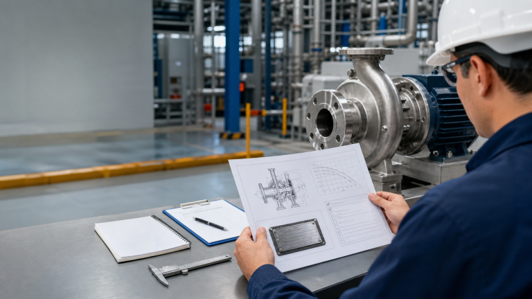 Ingeniero revisando datos técnicos y placa de una bomba ANSI para una RFQ