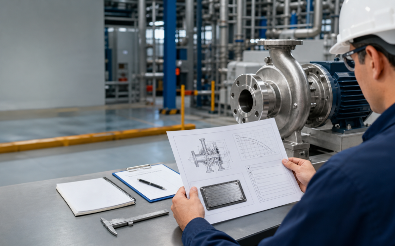 Ingeniero revisando datos técnicos y placa de una bomba ANSI para una RFQ
