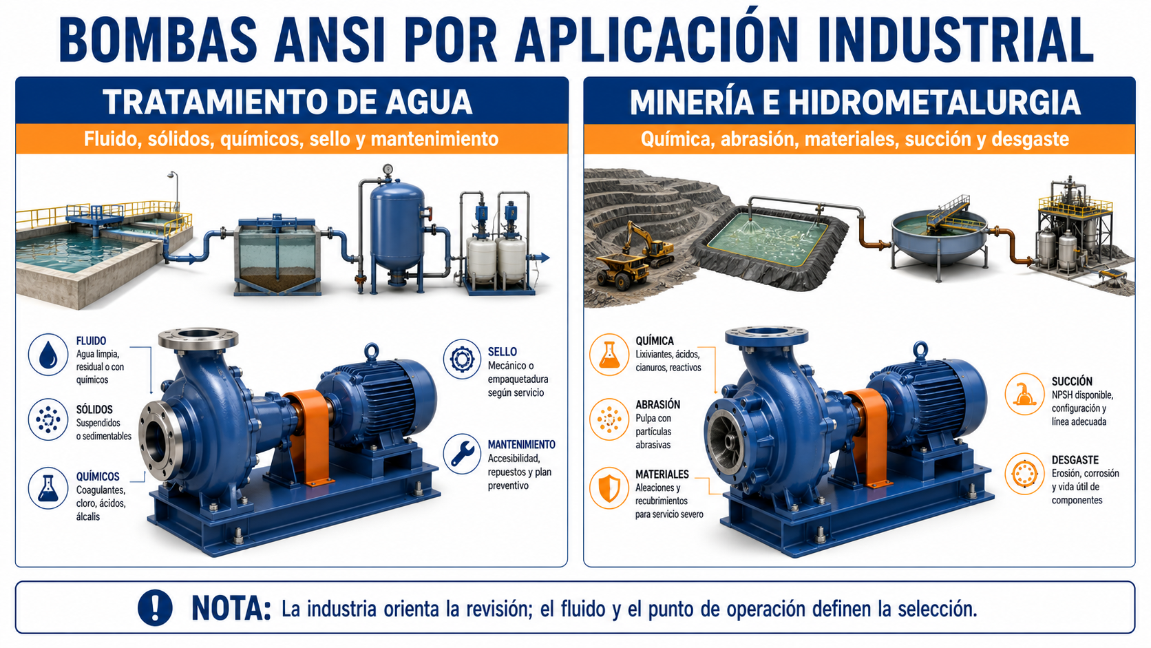Infografía sobre selección de bombas ANSI para tratamiento de agua y minería