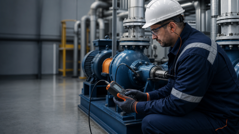 Técnico realizando una medición de vibración en una bomba ANSI de proceso