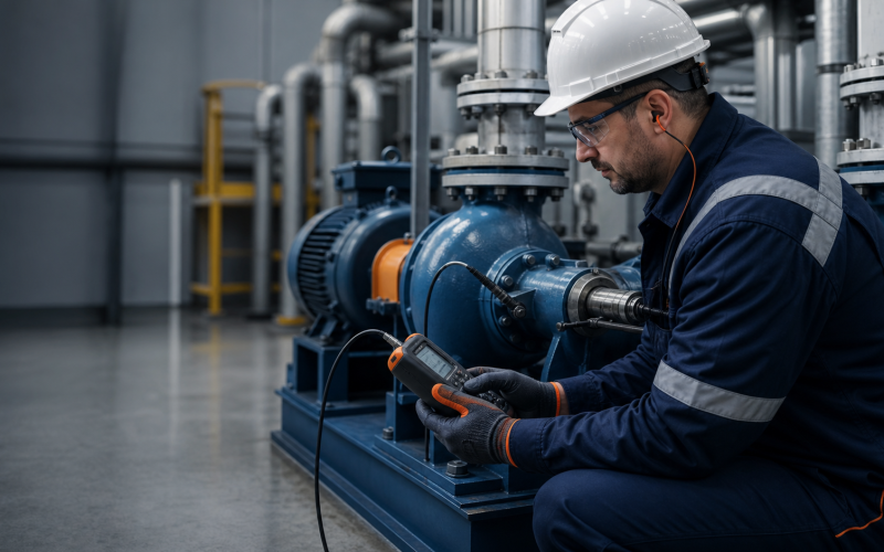 Técnico realizando una medición de vibración en una bomba ANSI de proceso
