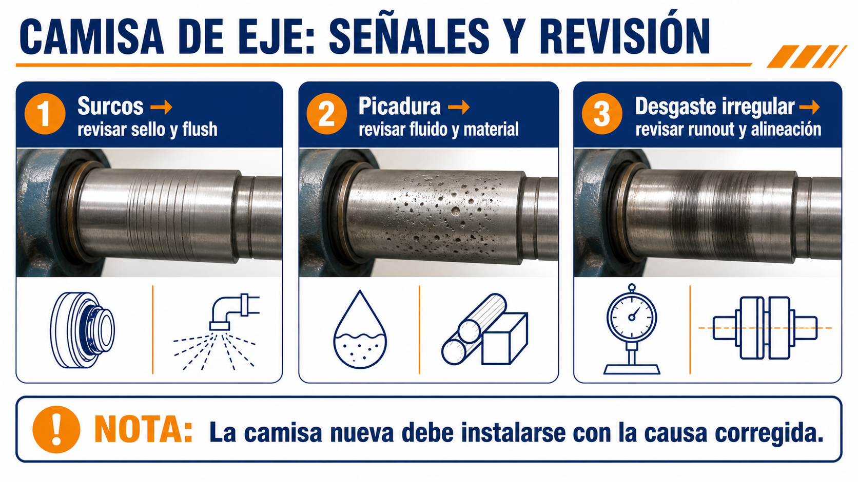 Señales de desgaste en una camisa de eje y puntos de revisión del sistema de sellado