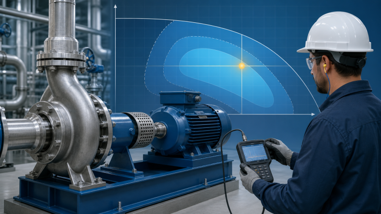 Ingeniero revisando bomba y punto de operación con curva de desempeño.