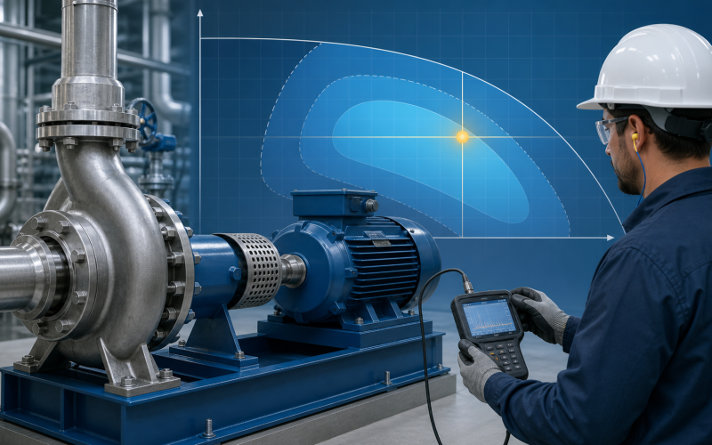 Ingeniero revisando bomba y punto de operación con curva de desempeño.