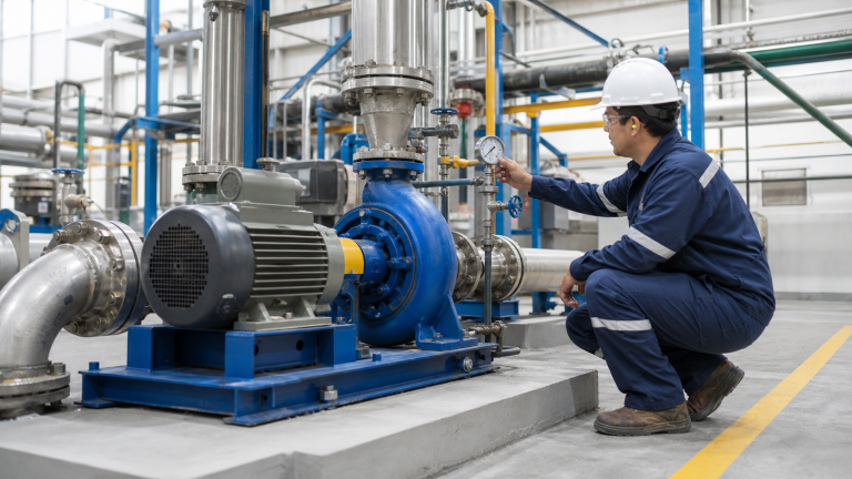 Sistema de bombeo industrial con bomba centrífuga ANSI, tubería e inspección de mantenimiento.
