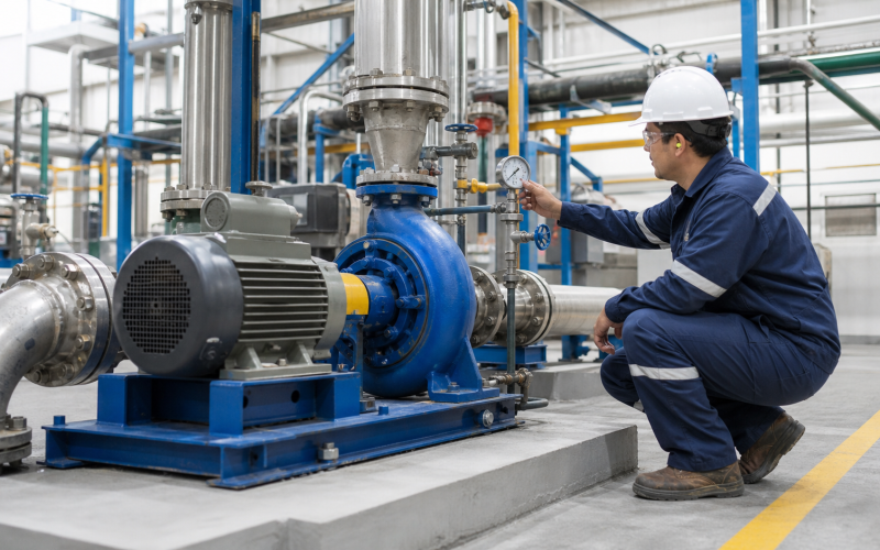 Sistema de bombeo industrial con bomba centrífuga ANSI, tubería e inspección de mantenimiento.
