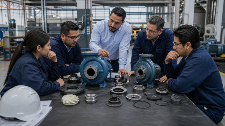 Equipo de ingeniería comparando opciones de bomba y refacciones para una decisión de costo total.