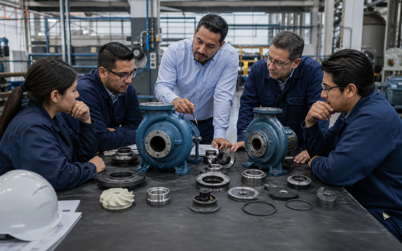 Equipo de ingeniería comparando opciones de bomba y refacciones para una decisión de costo total.
