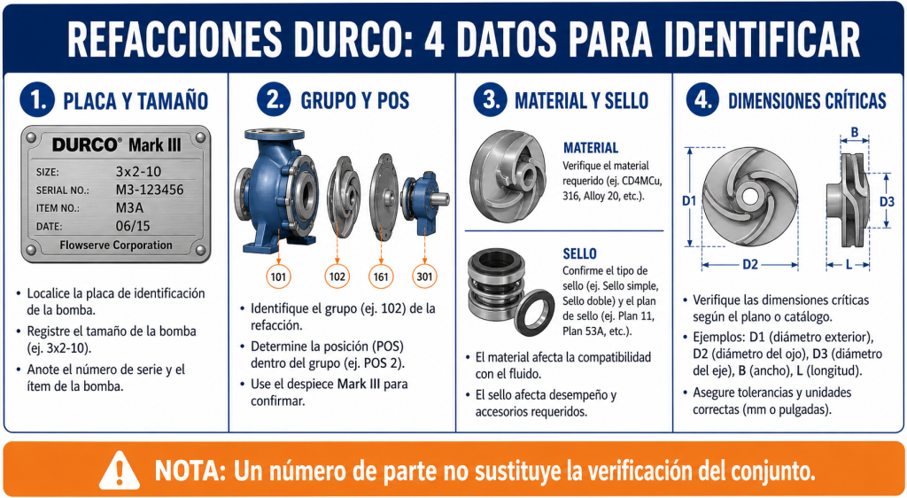 Refacciones Durco: placa, grupo, POS, material, sello y dimensiones críticas.