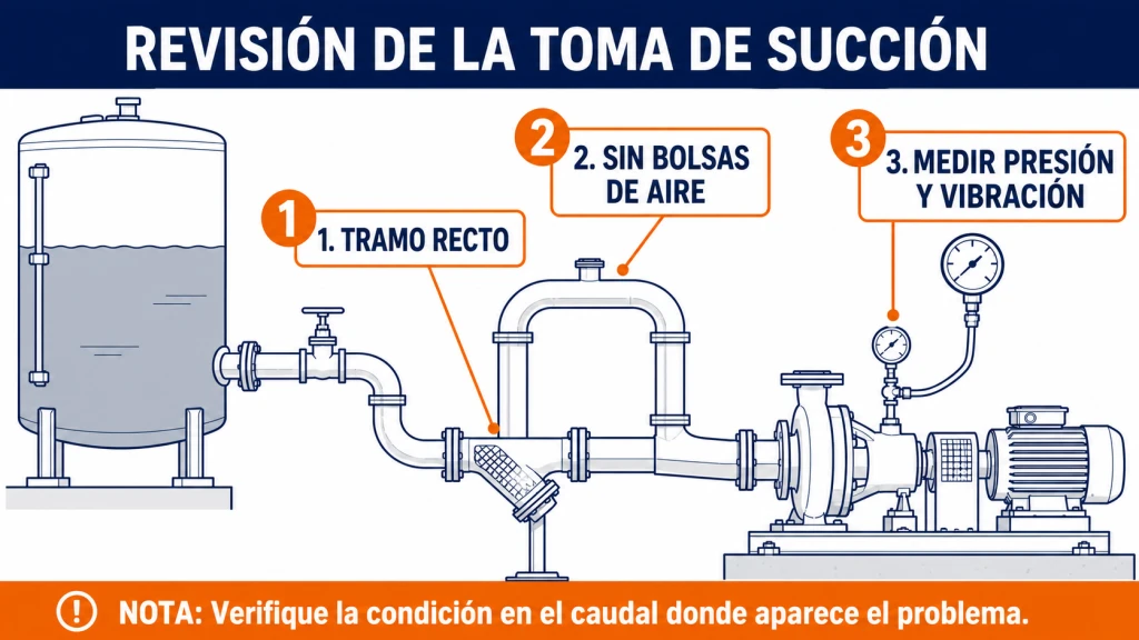 Revisión de toma de succión con nivel, aire, presión, accesorios y vibración