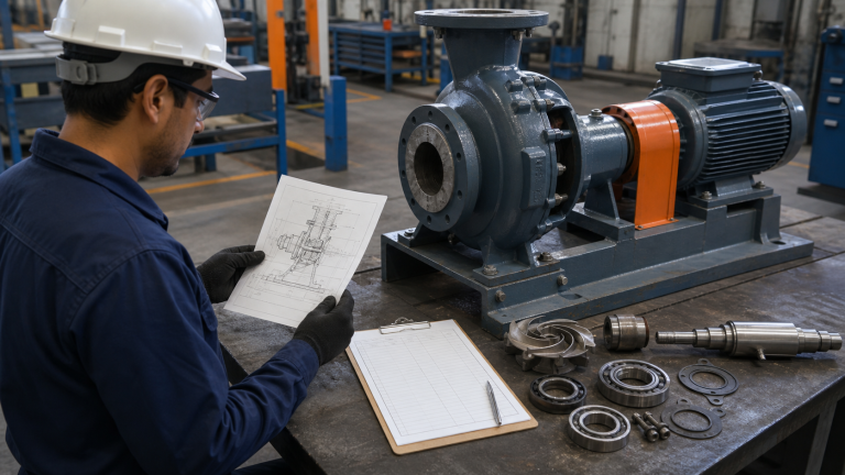 Planificación de mantenimiento con bomba centrífuga y componentes industriales