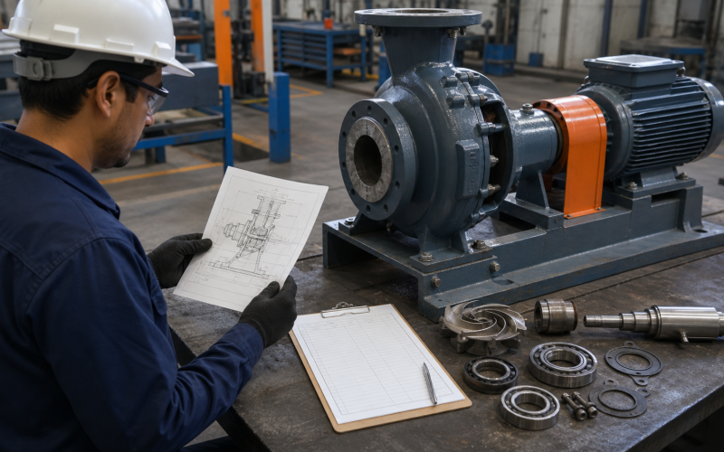 Planificación de mantenimiento con bomba centrífuga y componentes industriales