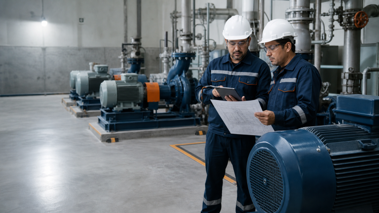 Equipo de mantenimiento priorizando activos de bombeo en planta industrial