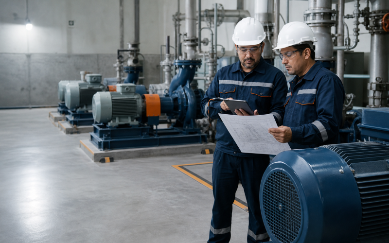 Equipo de mantenimiento priorizando activos de bombeo en planta industrial